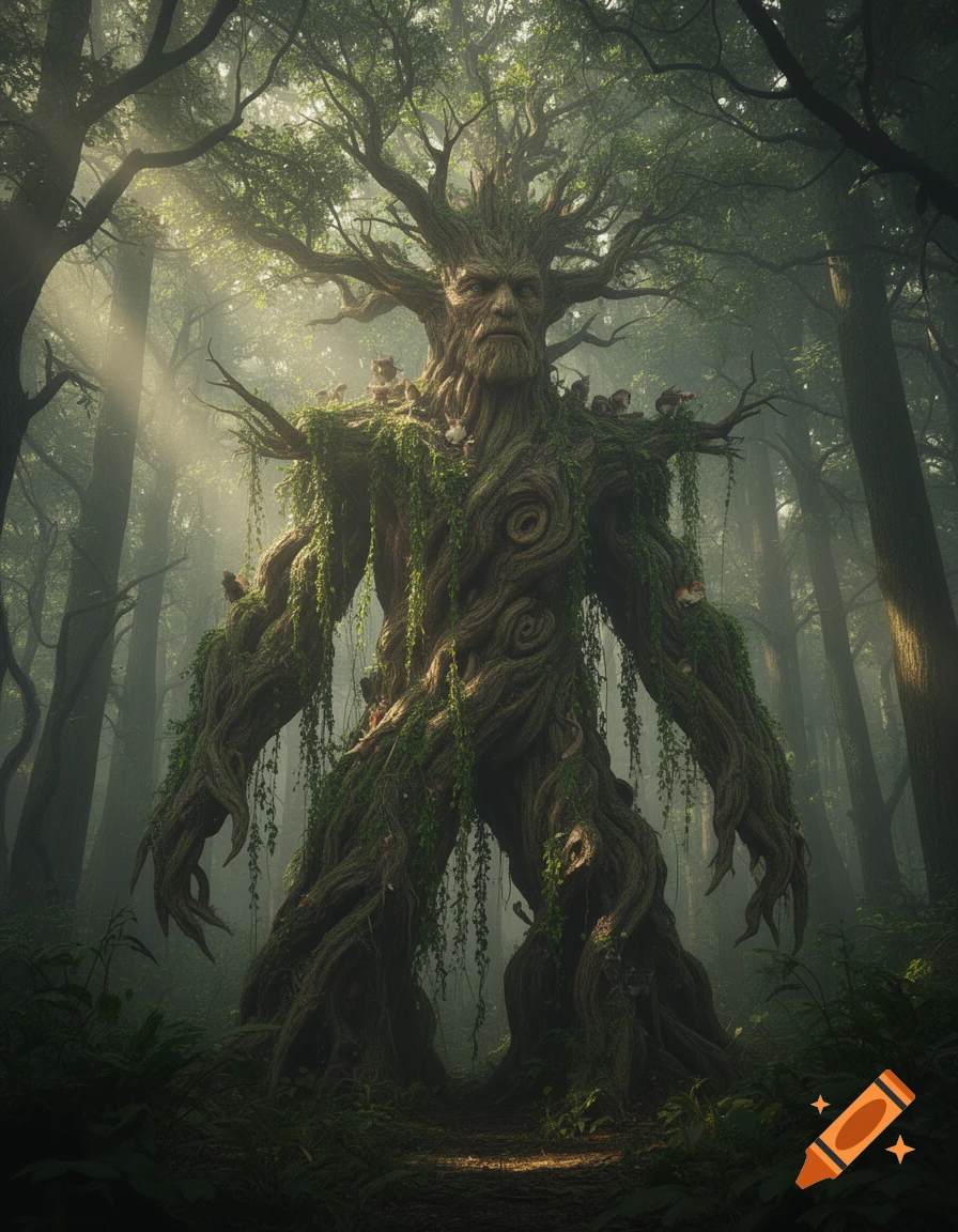 A majestic, wise-faced treant, a giant tree-like creature covered in moss and vines, stands in a misty, sun-dappled forest.