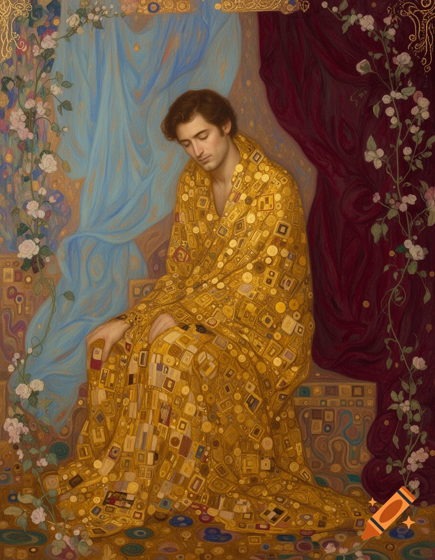 A man in a gold, patterned robe sits amidst flowing blue and red drapery, in a Klimt-style painting with floral accents.