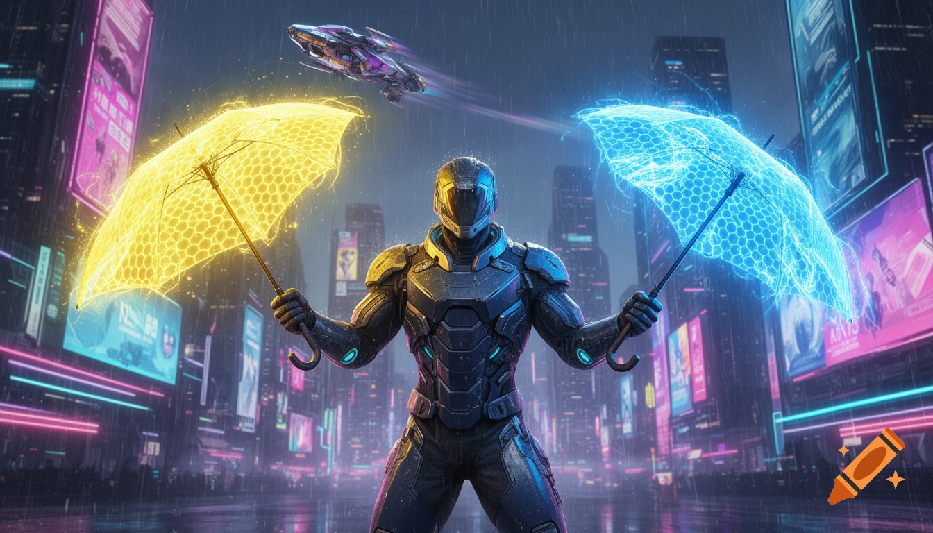 Cyberpunk superhero in heavy armor holds glowing yellow and blue energy shield umbrellas in a rainy, neon city with a flying vehicle. Cinematic style.