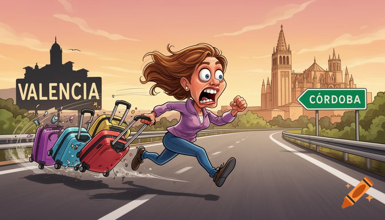 A comical cartoon woman runs in panic on a road, dragging wobbling suitcases, fleeing a sign for Valencia towards a sign for Córdoba.