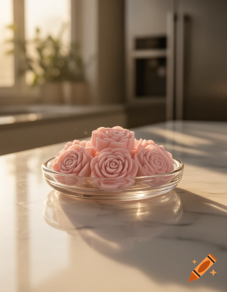 Pink rose-shaped confections or decorative items in a glass dish on a sunlit marble counter.