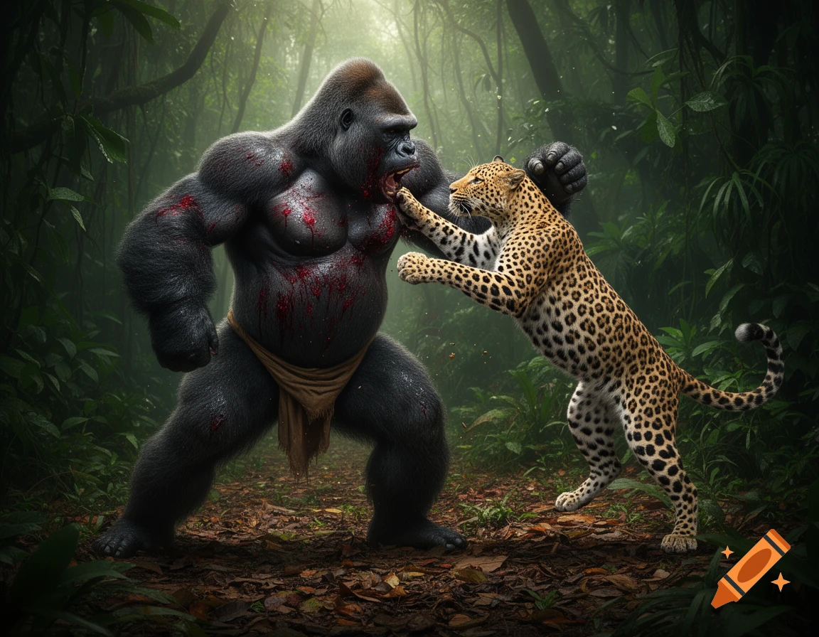 A muscular gorilla, covered in bloody scratches and wearing a loincloth, fights a leopard in a lush, photorealistic jungle.