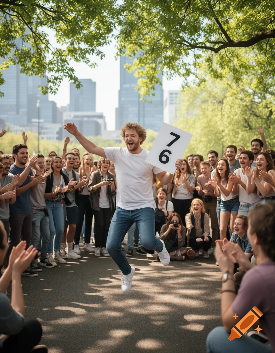 A joyous man in a white t-shirt jumps in the air, holding a '76' sign, while a cheering crowd applauds him in a park with city buildings.