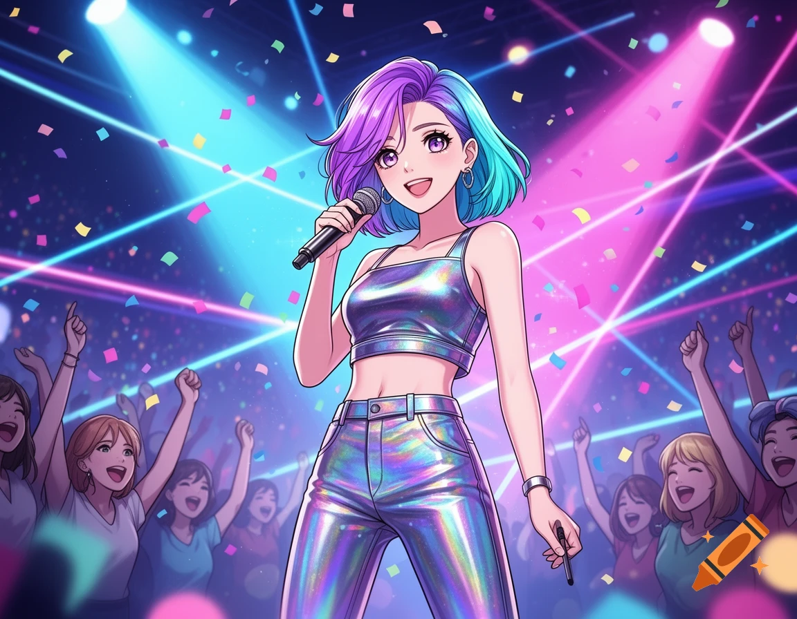 Anime female singer with purple and blue hair performing on stage with a microphone, surrounded by a cheering crowd, confetti, and bright spotlights.