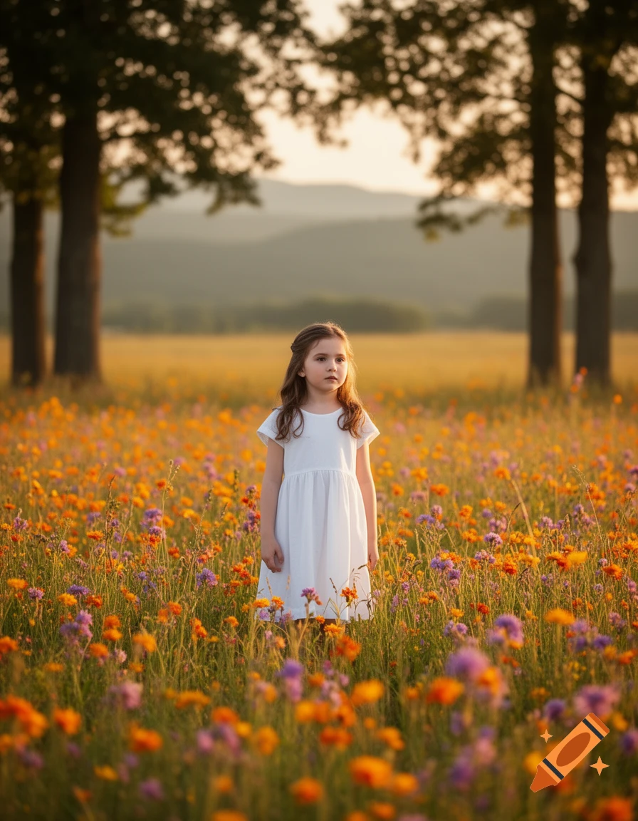 A young girl in a white dress stands in a vibrant field of colorful wildflowers at sunset, with trees and hills. Photorealistic.
