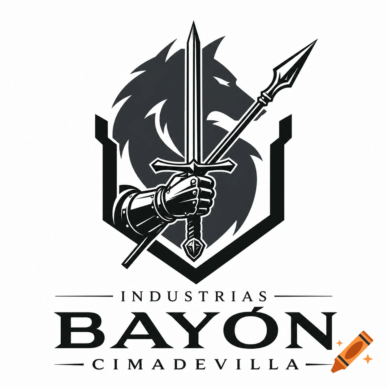 A black and white corporate logo featuring an armored hand holding a sword and spear, with a wolf silhouette background, and text 'Industrias Bayón Cimadevilla'.