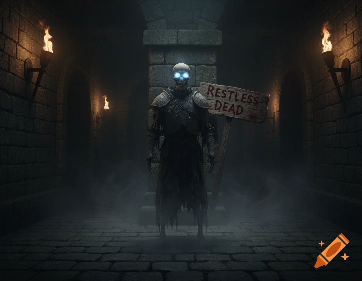 A skeletal figure with glowing blue eyes stands in a dark stone dungeon next to a sign reading 'RESTLESS DEAD'.