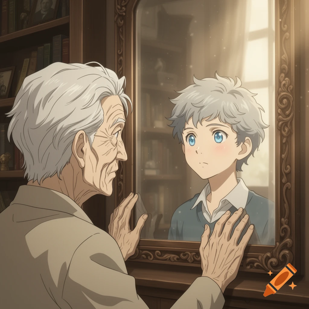 An anime-style illustration of an old man with white hair looking into a mirror, where his reflection shows him as a young boy.