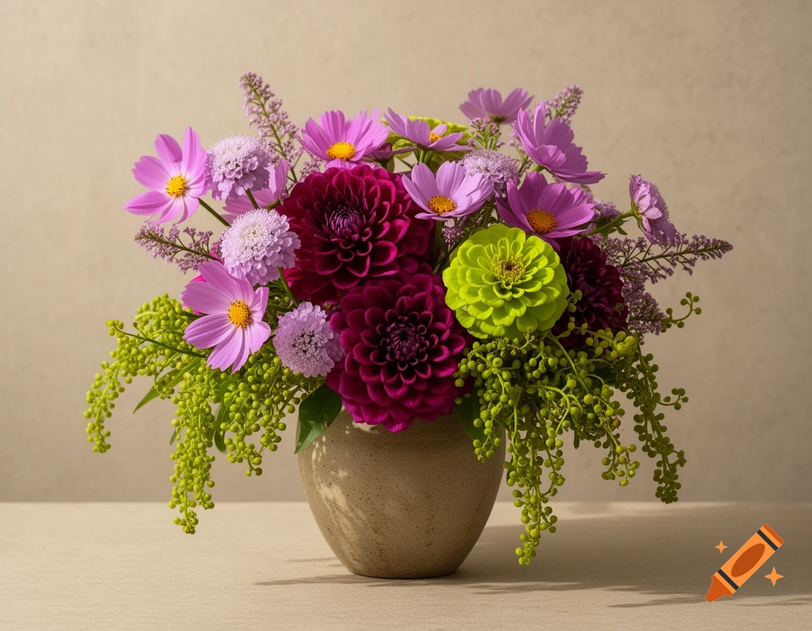 A vibrant bouquet in a vase with deep magenta dahlias, lavender-pink cosmos, bright green zinnias, and trailing green berries.