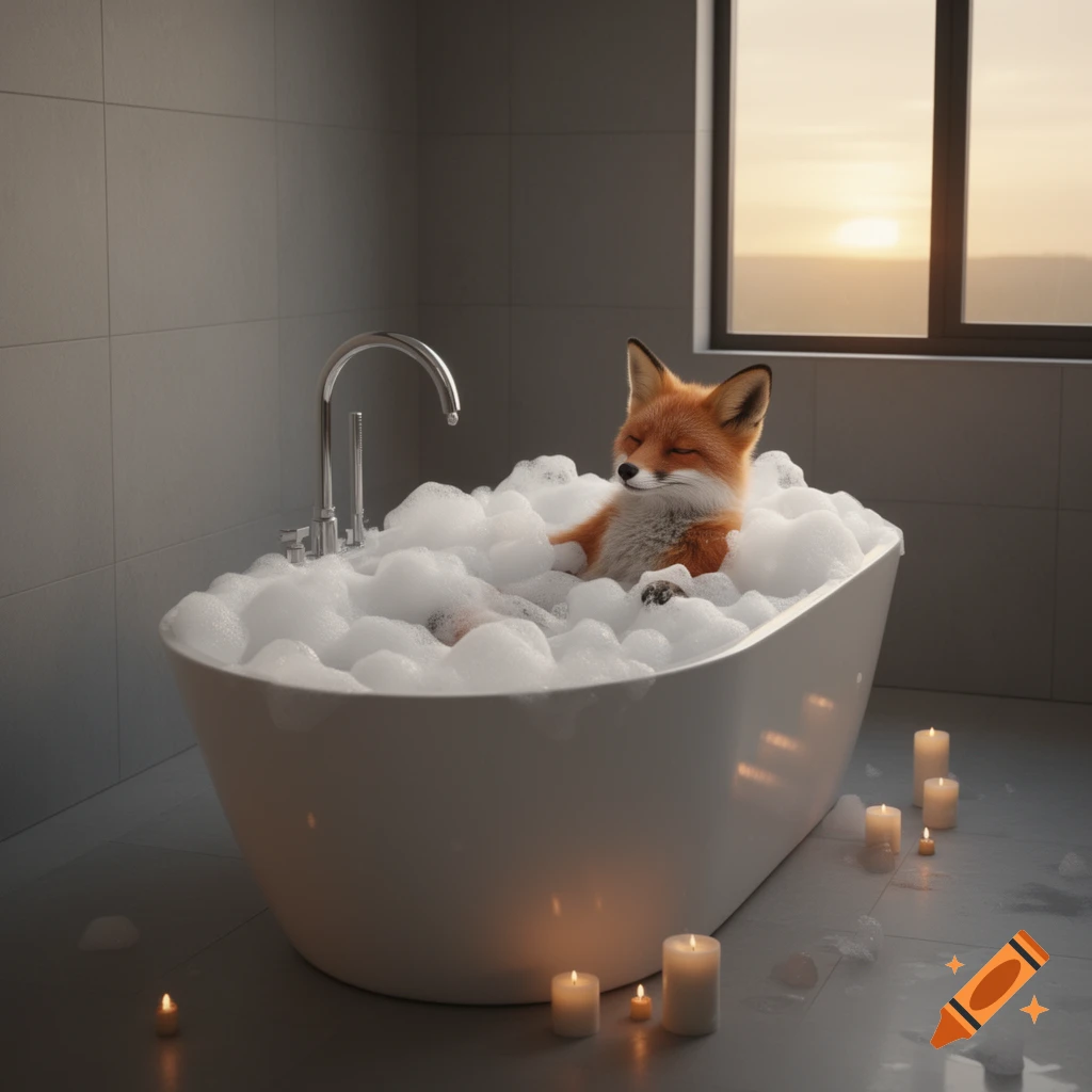 A photorealistic red fox with closed eyes relaxing in a bubble bath with lit candles in a bathroom at sunset.