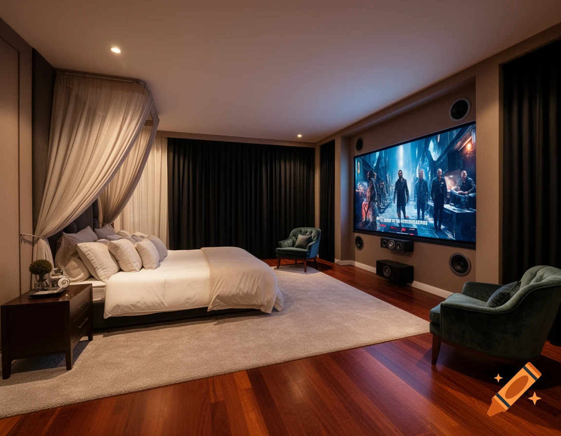 A luxurious bedroom features a large projection screen displaying a movie, with a canopy bed, two armchairs, and rich wooden floors.