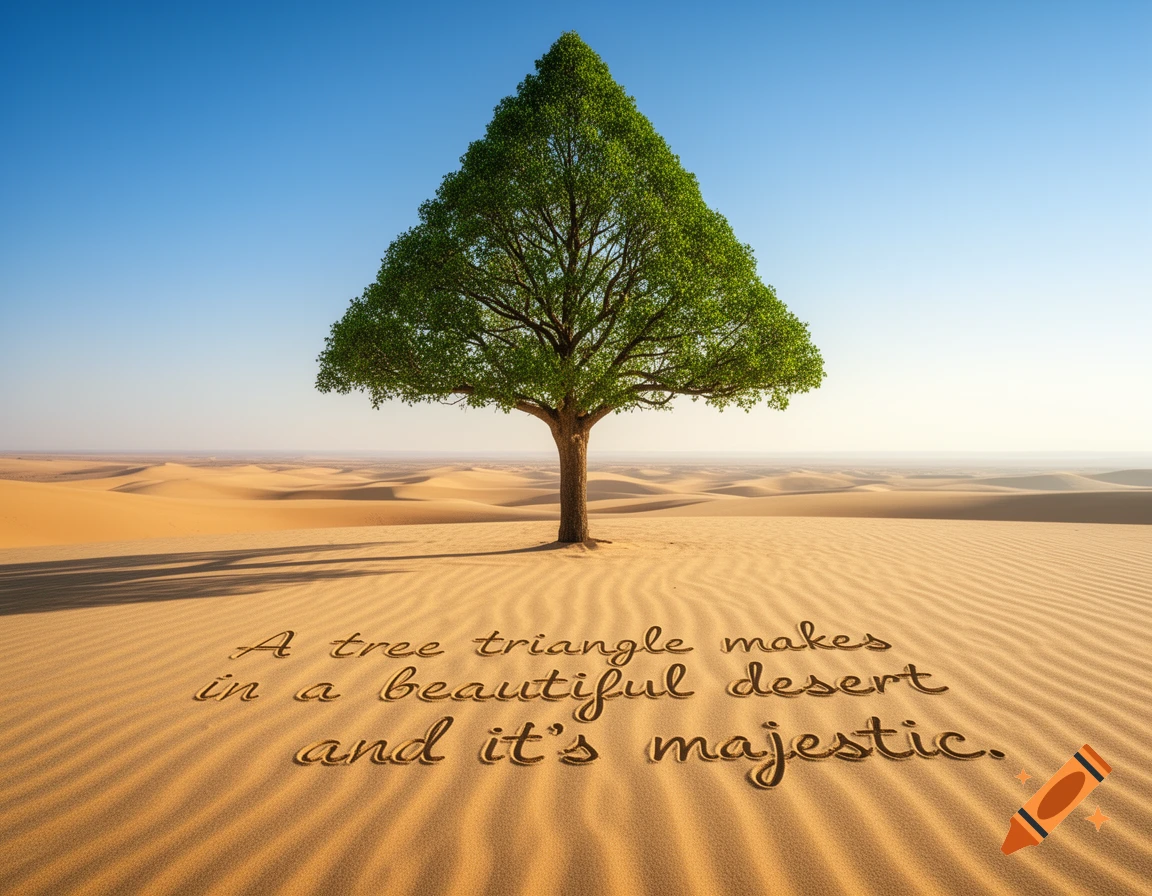 A solitary green, triangular-shaped tree stands in a vast, sandy desert landscape under a clear blue sky. Text carved into the sand reads, "A tree triangle makes in a beautiful desert and it's majestic."
