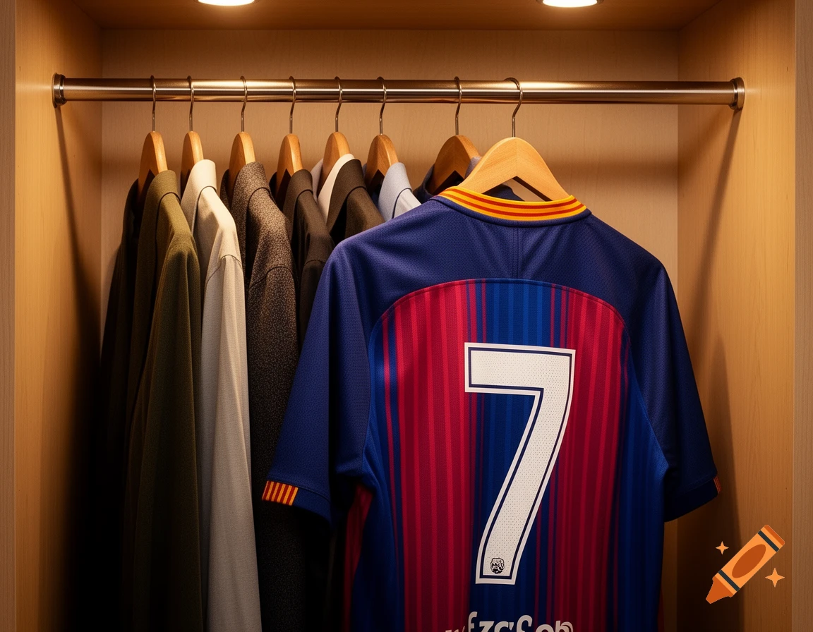A blue and red striped soccer jersey with the number 7 on the back hangs in a wooden closet with other clothes.