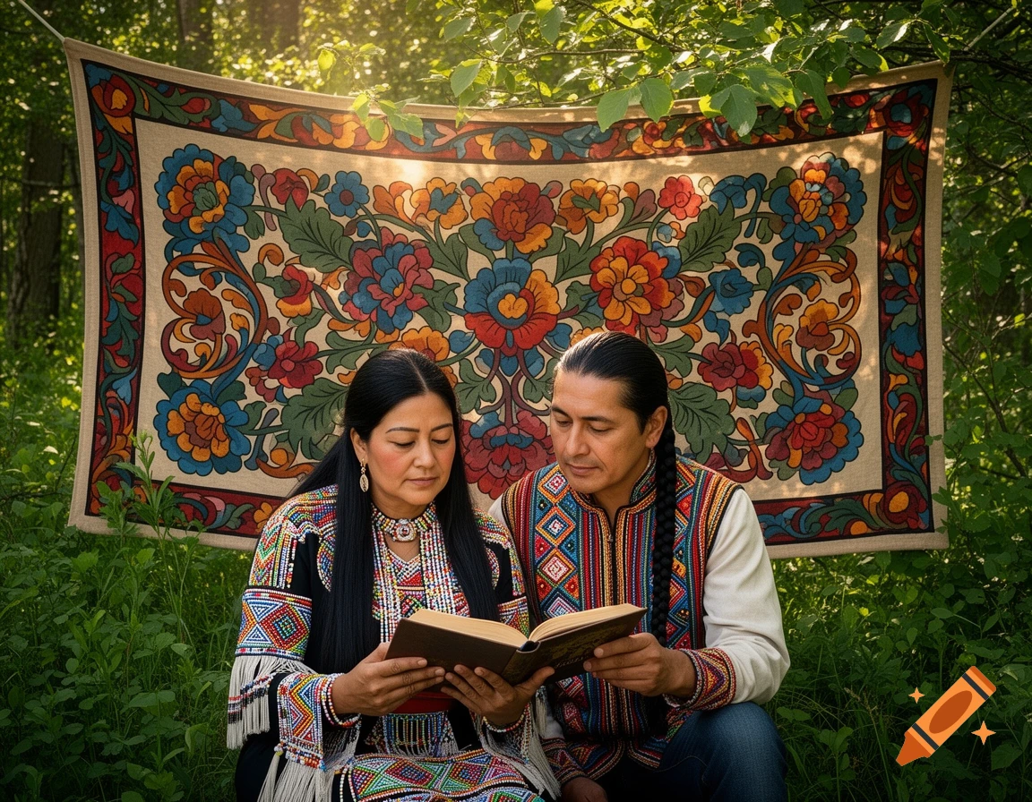 An Ojibwe woman and man in traditional beaded clothing read a book together outdoors, with a colorful floral tapestry behind them.