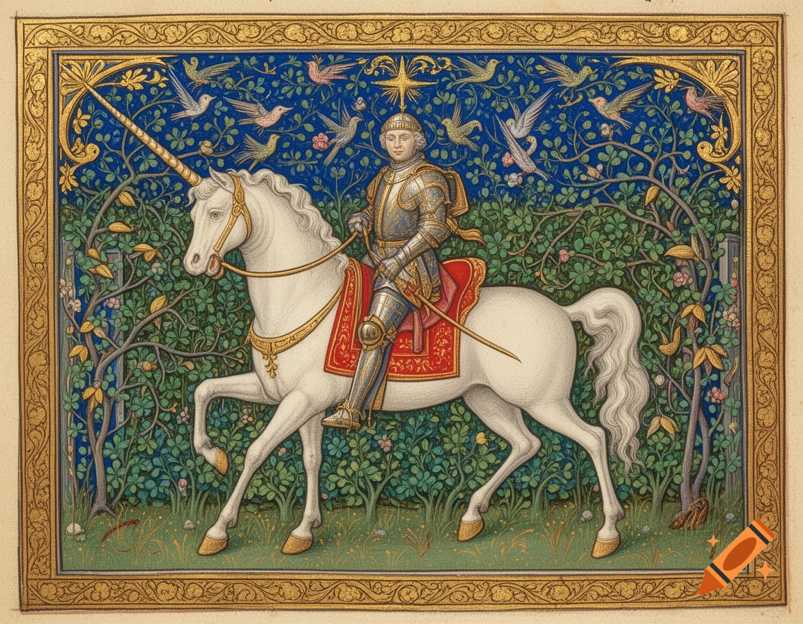 Medieval illuminated manuscript of a knight in armor riding a white unicorn through a lush, bird-filled garden with a golden border.