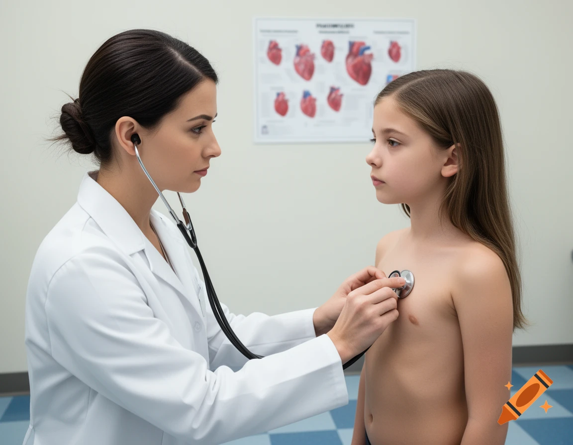 A female doctor in a white lab coat uses a stethoscope to examine a young shirtless girl's chest in a medical office.