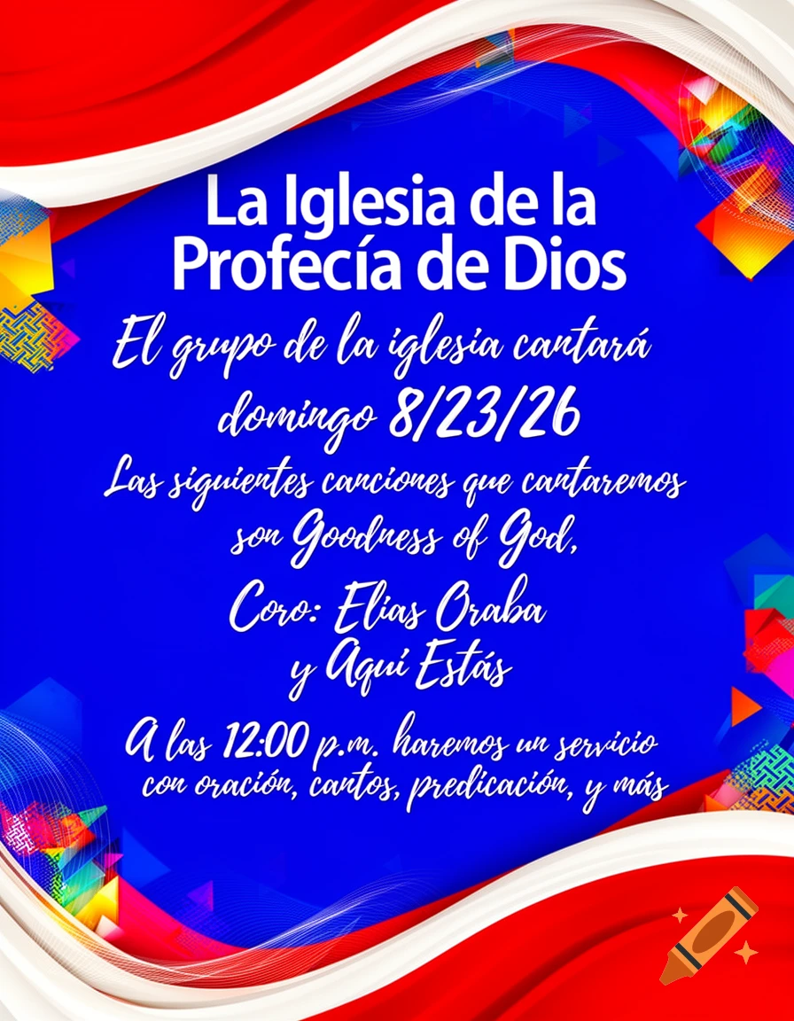 A blue and red poster for 'La Iglesia de la Profecía de Dios' announcing a church service with singing on Sunday 8/23/26 at 12:00 p.m.