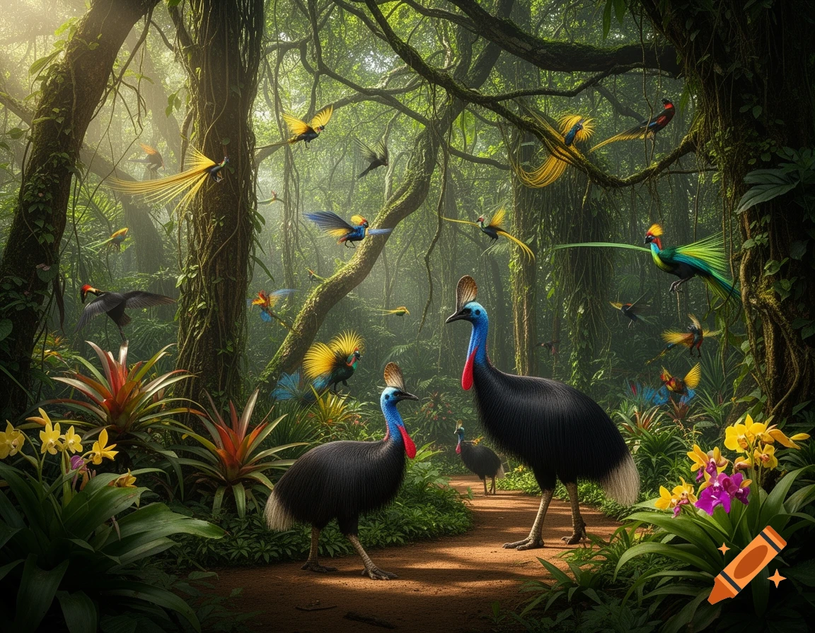 Photorealistic image of two cassowaries on a path in a sunlit tropical jungle with many vibrant birds of paradise and lush plants.