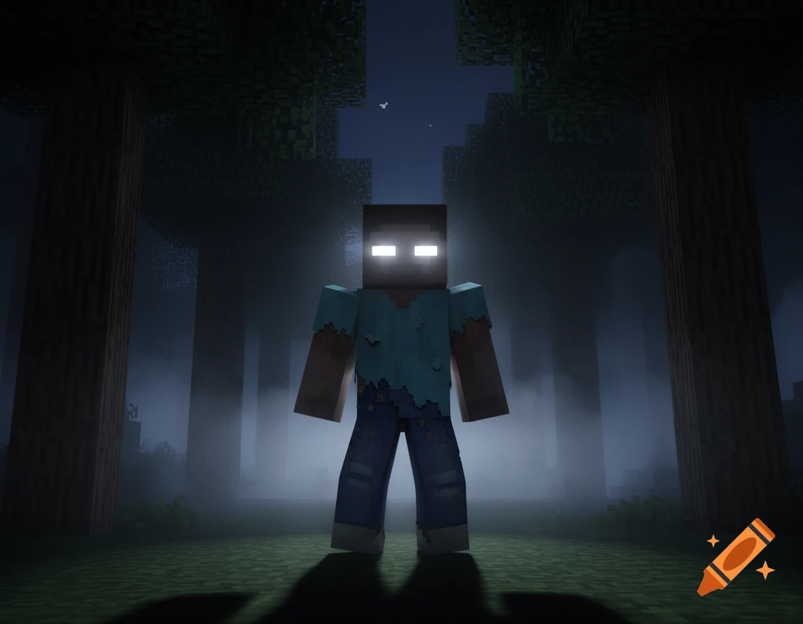 Herobrine with glowing eyes stands ominously in a dark, misty Minecraft forest.
