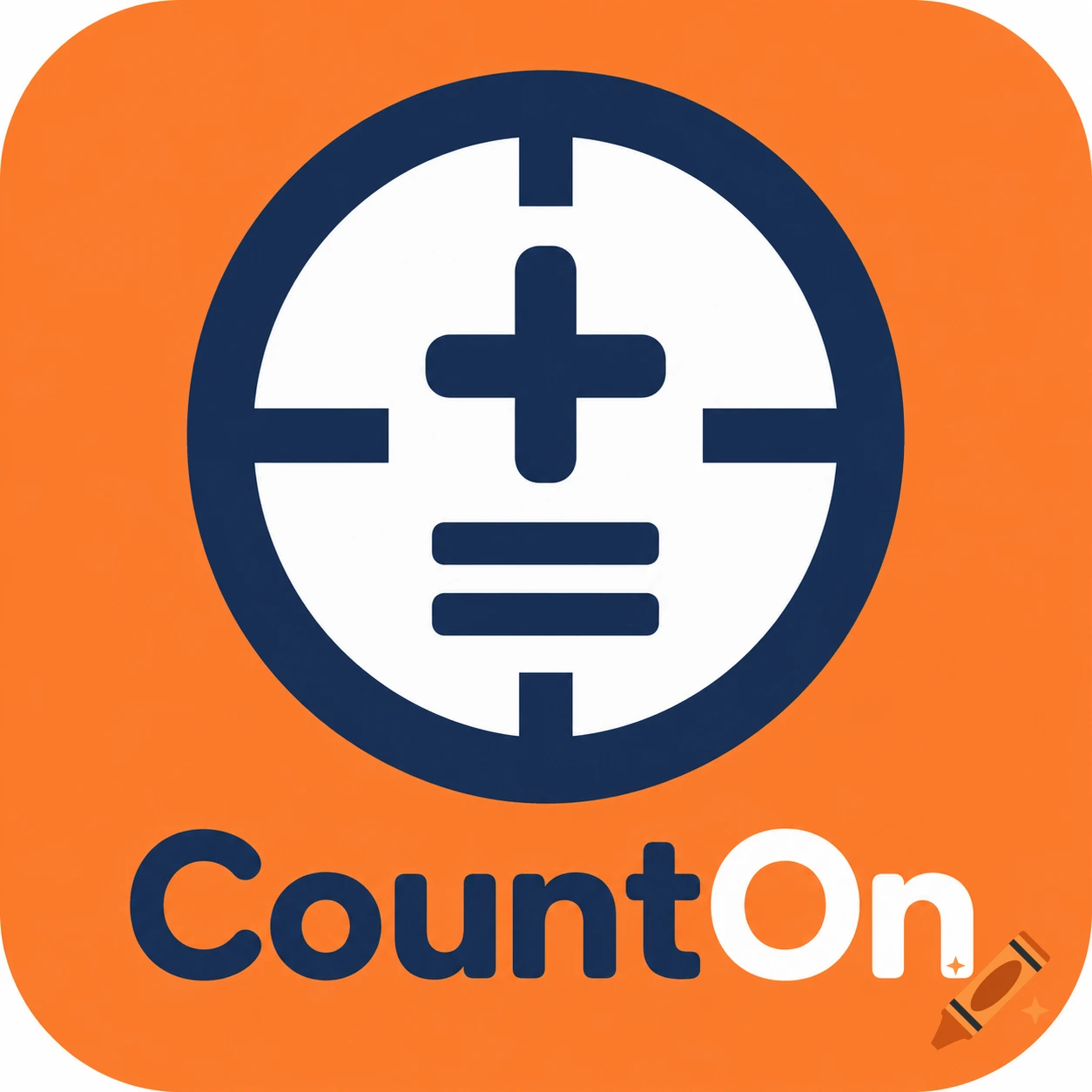 Minimalist app icon for 'CountOn' math game, with a dark blue target symbol, plus sign, and equal sign on an orange background.
