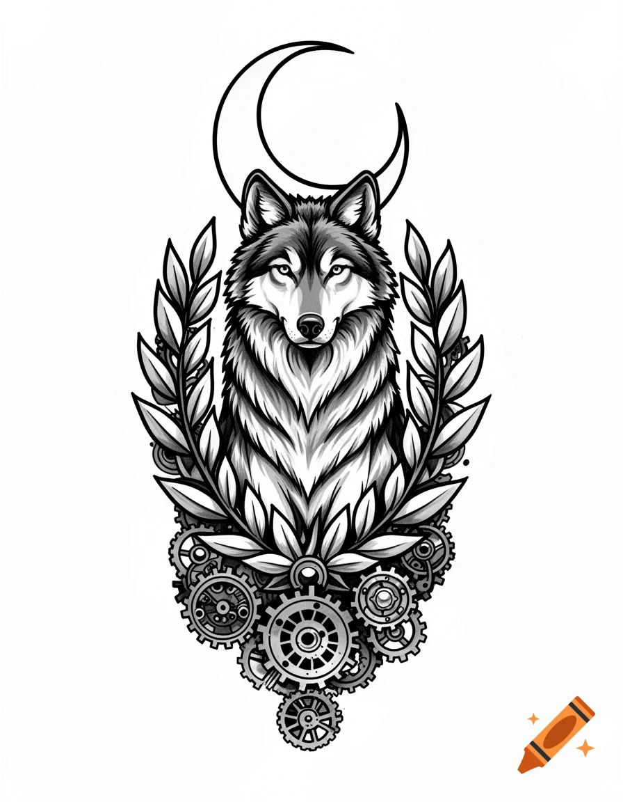 A monochrome tattoo-style illustration of a wolf's head surrounded by a laurel wreath, a crescent moon, and gears.