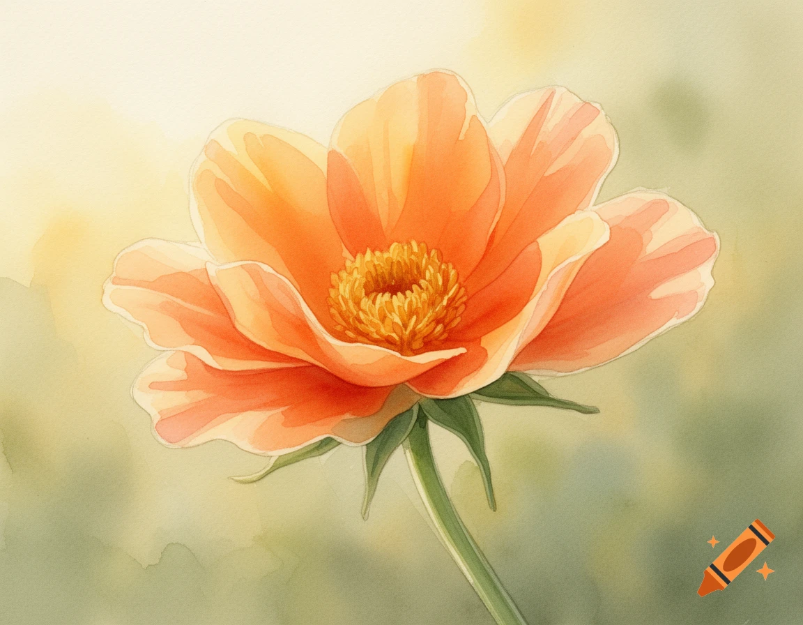 A soft watercolor painting of a single papaya-colored flower with a bright yellow center and green stem on a light, diffused background.