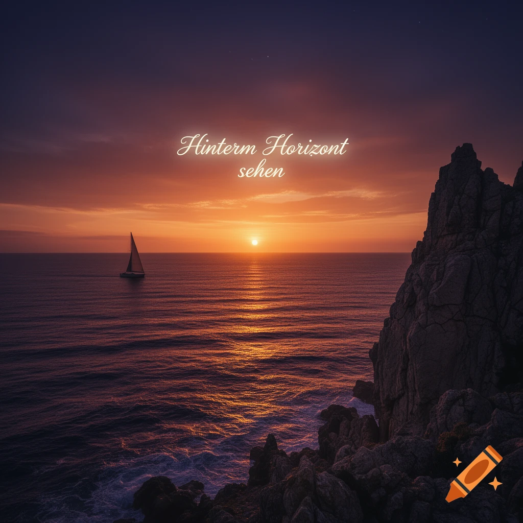 Sailboat on the ocean at sunset, vibrant orange and purple sky, rocky cliffs, and 'Hinterm Horizont sehen' text.