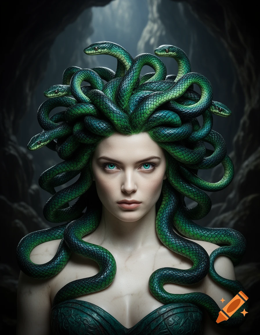 Photorealistic portrait of Medusa with green snakes for hair and striking blue eyes in a dark cave.