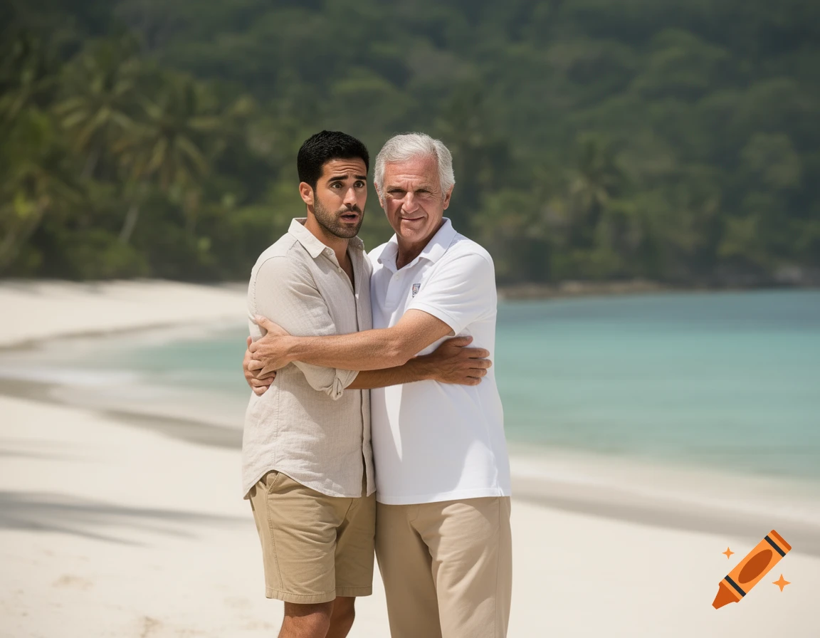 Two men embrace on a sunny tropical beach, with turquoise water and green hills in the background.
