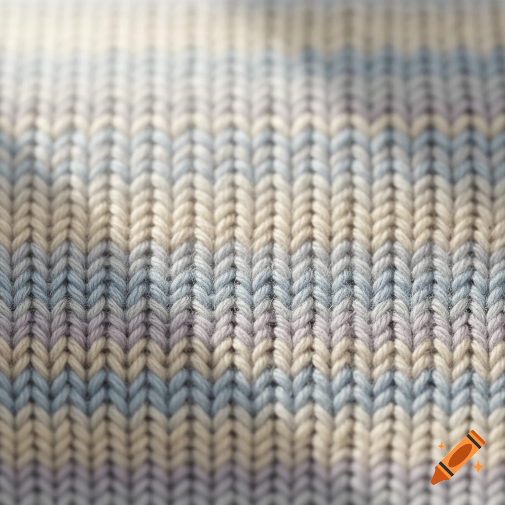 Close-up of knitted fabric featuring horizontal stripes in light blue, cream, and pale purple hues.