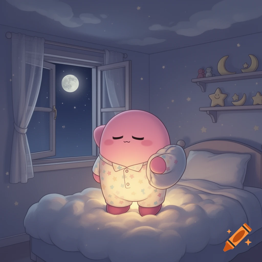 Kirby in starry pajamas standing on a cloud-like bed in a moonlit room, holding a pillow and looking sleepy.