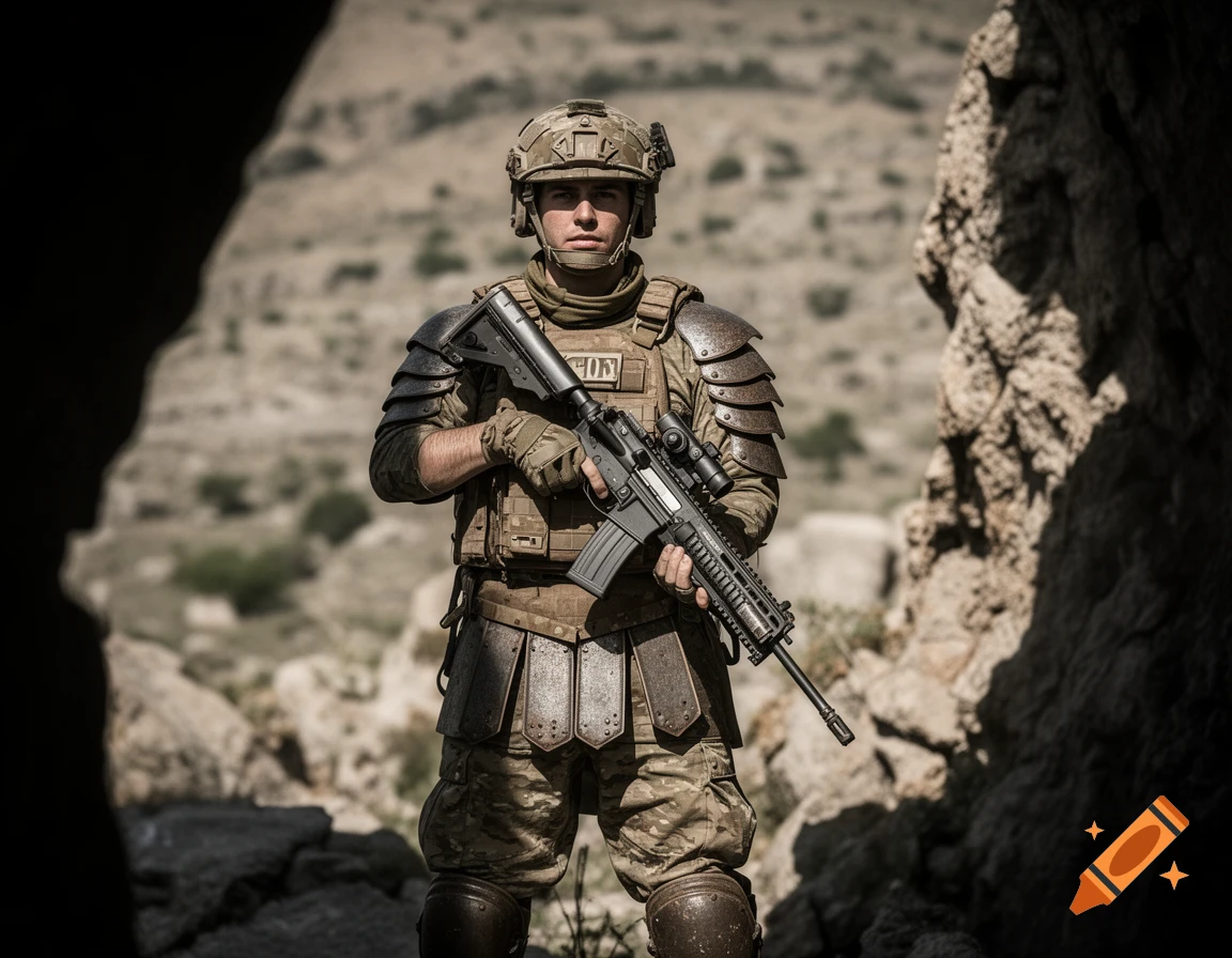 A modern soldier in camouflage and rustic metal armor, holding a rifle, stands in a rocky, barren landscape.