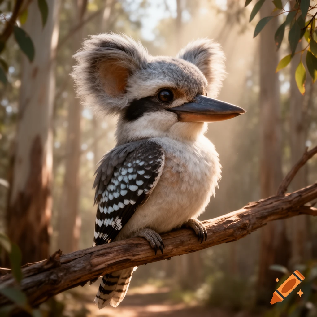 A cute, fluffy koala-kookaburra hybrid bird with large ears sits on a tree branch in a sunlit forest.