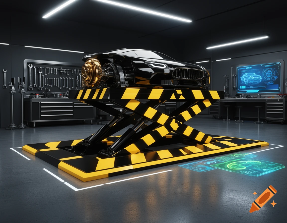 A sleek black car with gold mechanical components on a yellow and black striped scissor lift in a modern, dark garage with holographic displays.