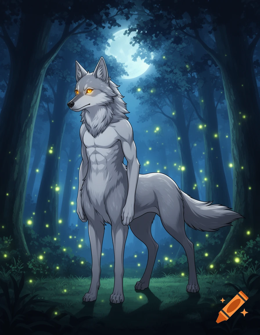 A majestic wolf centaur with glowing eyes stands in a moonlit forest with fireflies, in an anime art style.