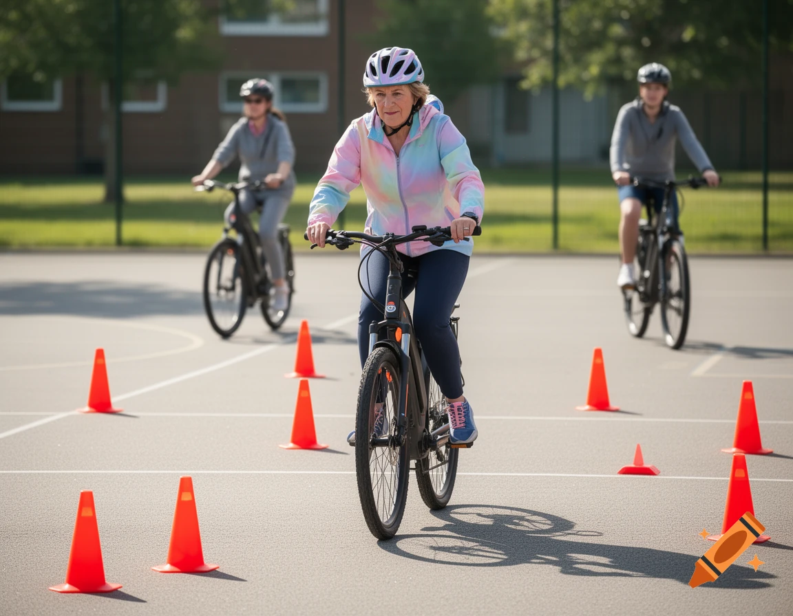 A woman on an e-bike navigates an orange cone slalom course on an asphalt court, with two other riders in the background on a sunny day.