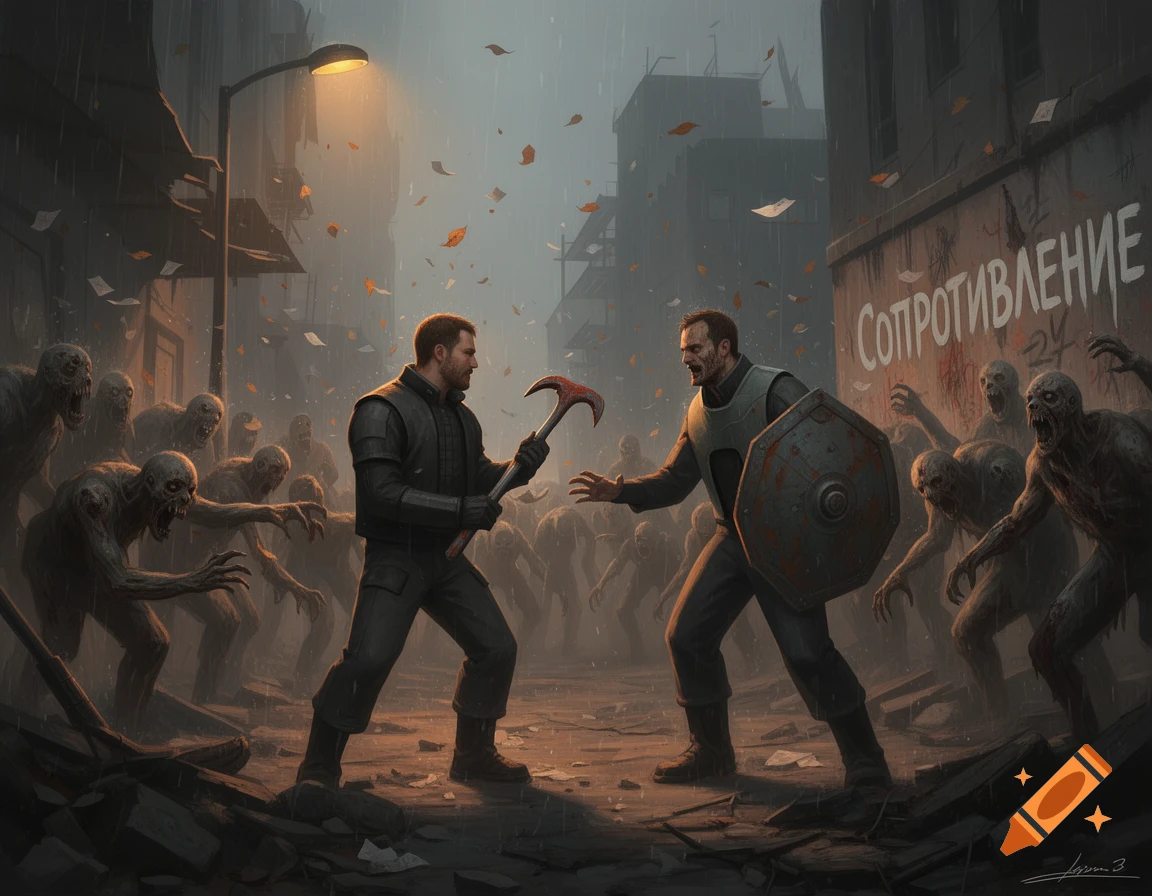 Two men battle a horde of zombies in a rainy, destroyed city street under a dim streetlamp. One man holds a pickaxe, the other a shield. Graffiti on a wall reads "RESISTANCE" in Russian.