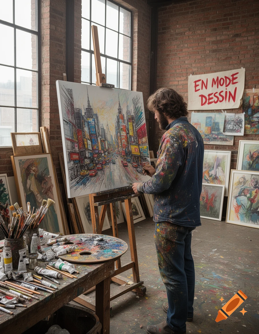 Photorealistic image of an artist, paint-splattered, painting a colorful cityscape on an easel in a sunlit art studio.