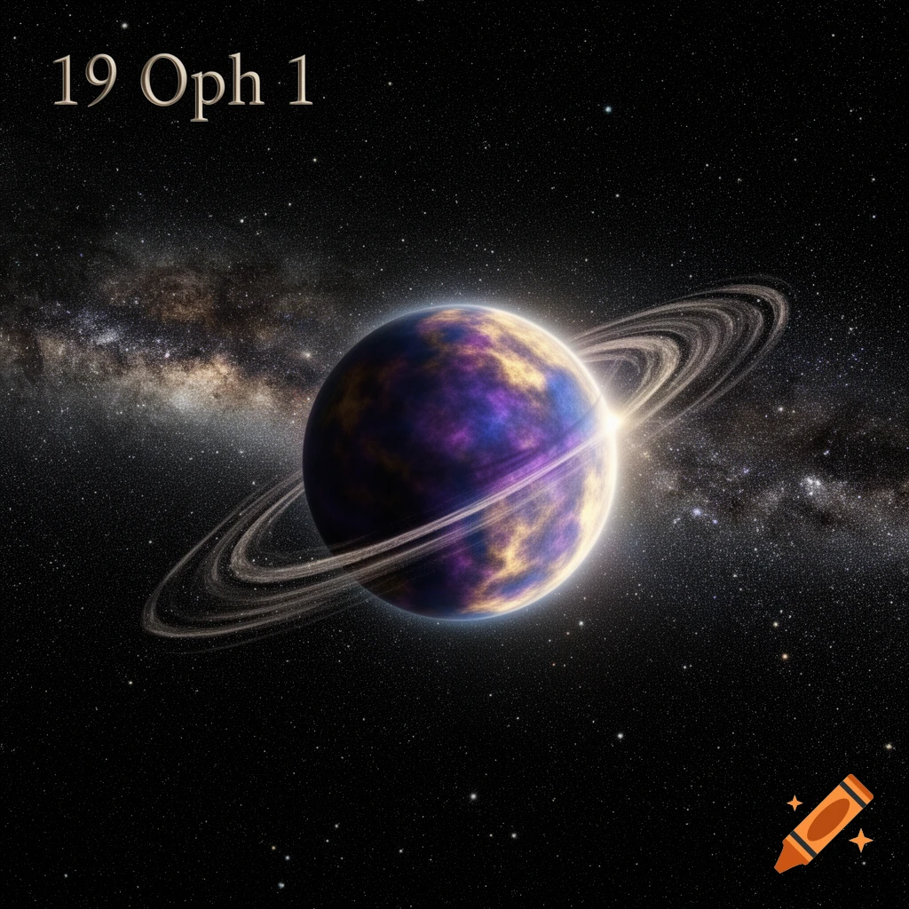 A vibrant purple and yellow ringed planet labeled '19 Oph 1' against a dark, starry galaxy.