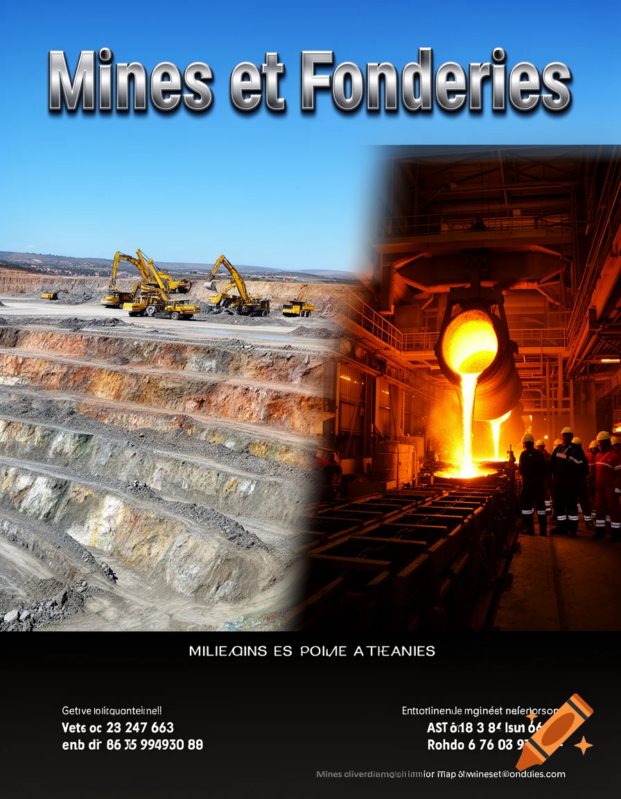 A split image poster with "Mines et Fonderies" at the top, showing an open-pit mine with excavators on the left and a foundry pouring molten metal on the right.