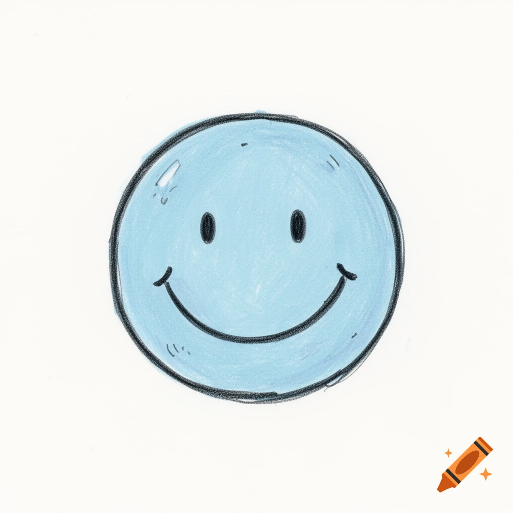 Hand-drawn light blue smiley face with a black outline, two oval eyes, and a curved smile, against a white background.