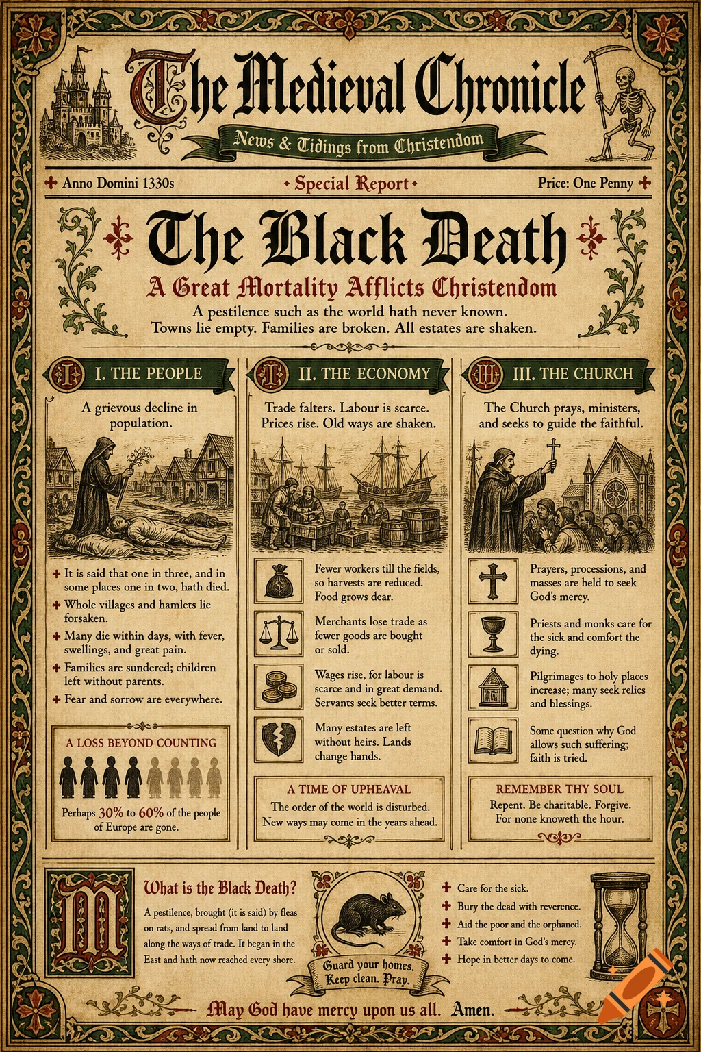 A detailed medieval newspaper article titled 'The Medieval Chronicle' and 'The Black Death', depicting the plague's impact on people, economy, and church.