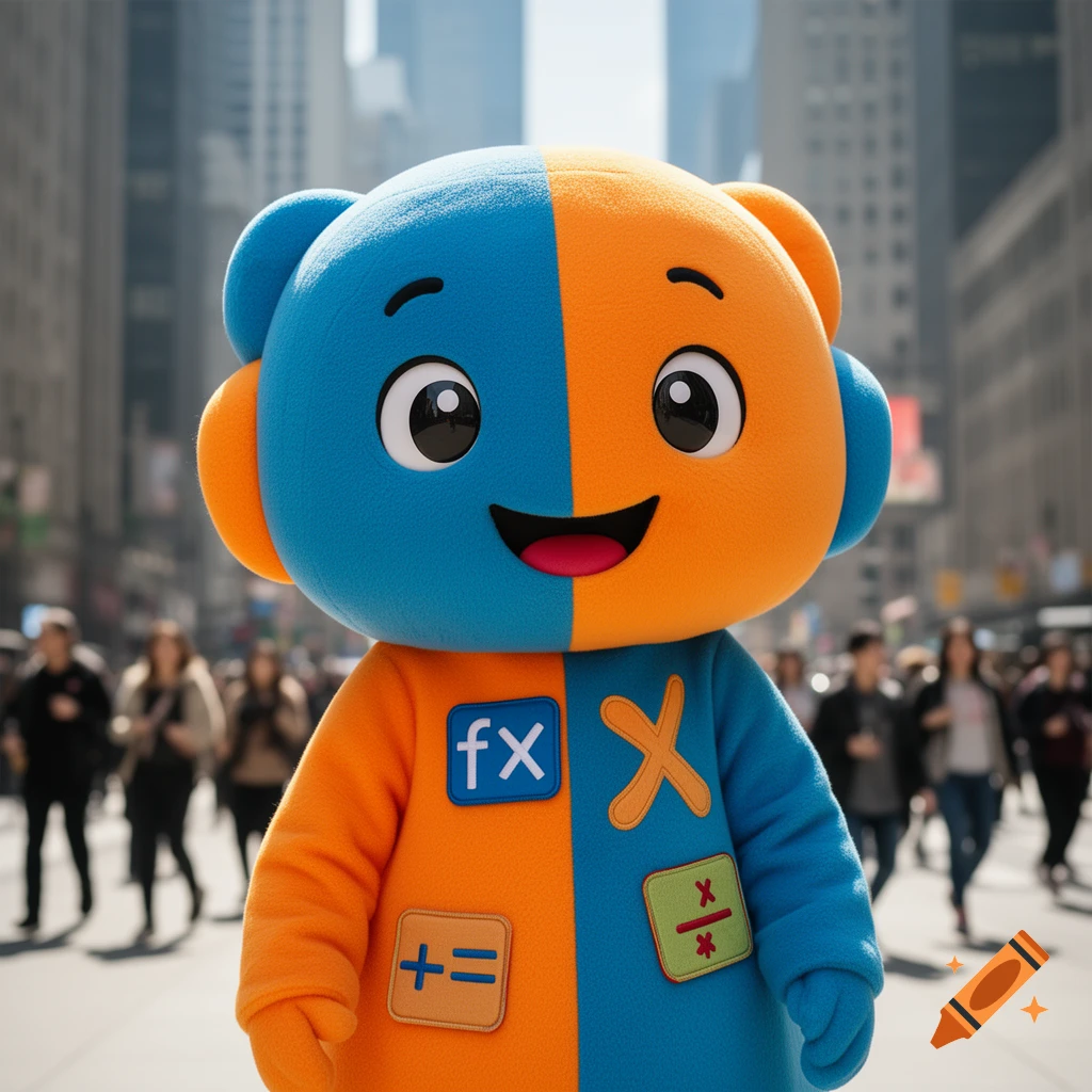 A friendly two-toned mascot, half orange and half blue, featuring math symbols like 'fx', 'x', '+=' and '÷*' on its chest, stands in a bustling city street.