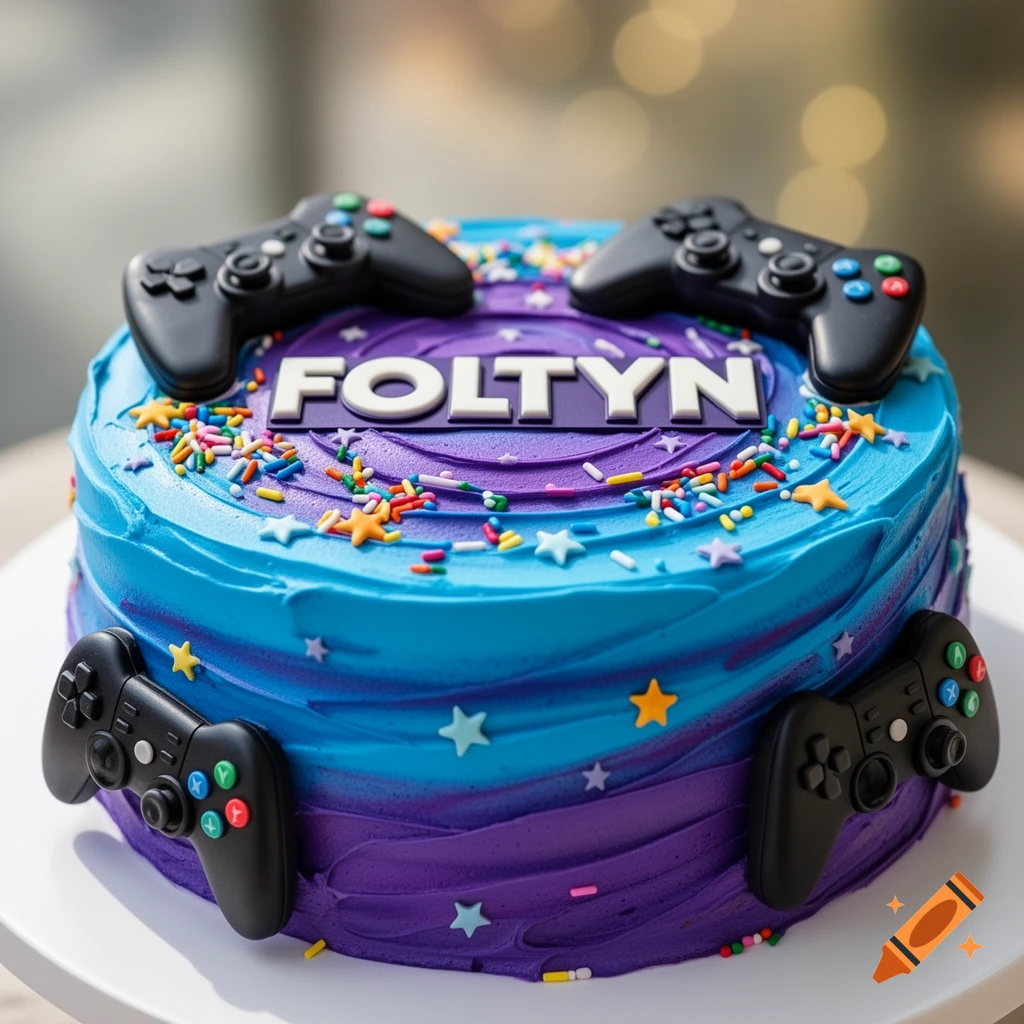 A blue and purple gaming-themed cake with 'FOLTYN' written on top, adorned with black gaming controllers, colorful sprinkles, and stars.