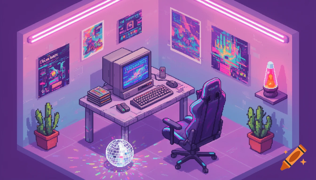 A pixel art isometric view of a vaporwave-themed gaming room with a retro computer, gaming chair, neon lights, lava lamp, and a disco ball.
