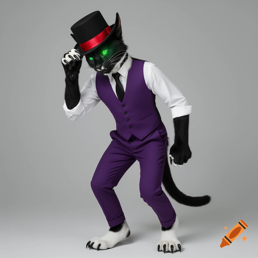 A dapper black and white anthropomorphic cat in a purple suit, white shirt, and black top hat with a red ribbon, tipping its hat with glowing green eyes.