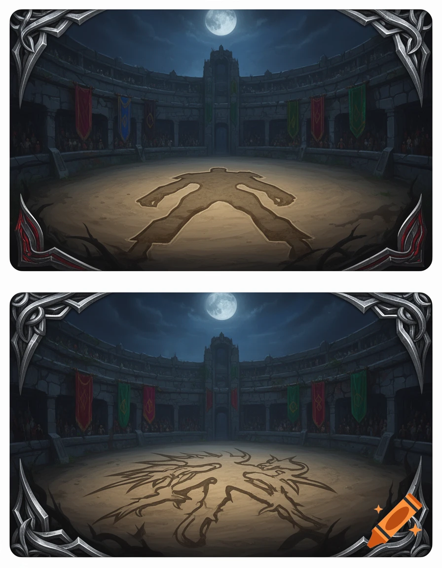 Two fantasy card backs depicting a moonlit arena; one with a human silhouette, the other a dragon silhouette on the ground.