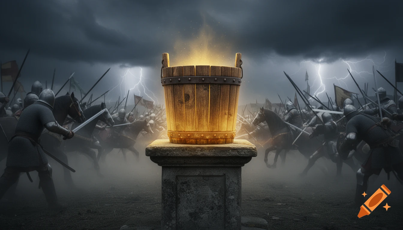 A glowing wooden bucket on a pedestal in the midst of a chaotic medieval battle with knights, horses, and lightning under a stormy sky, photorealistic.