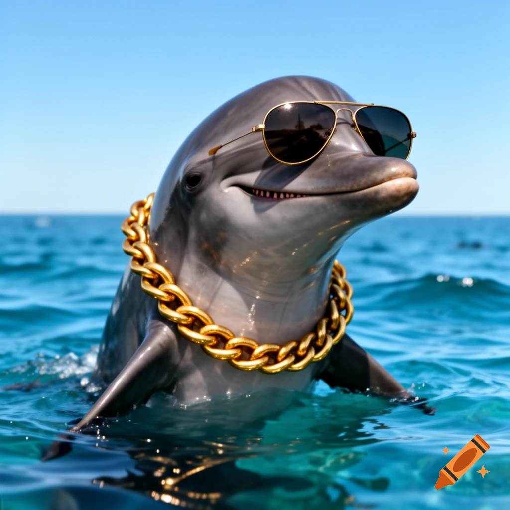 Photorealistic dolphin wearing sunglasses and a large gold chain, smiling as it surfaces from clear blue ocean water.