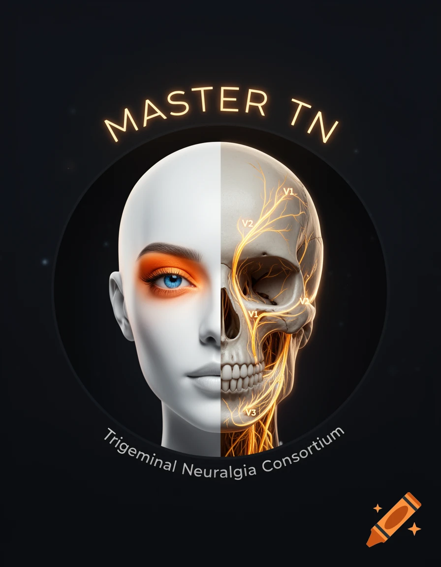 Medical illustration of a split face, half female with orange eyeshadow, half skull with glowing trigeminal nerves, text 'MASTER TN' and 'Trigeminal Neuralgia Consortium'.